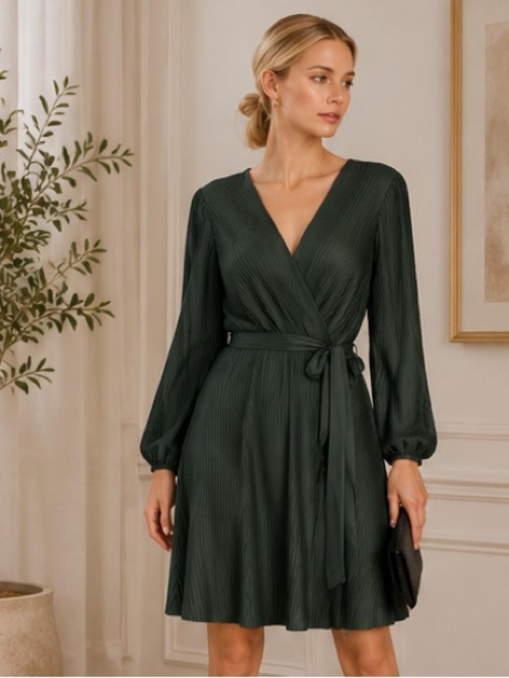 Dark green pleated Wrap DRESS sz M H&M balloon sleeve *2 for 20*